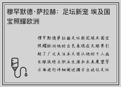 穆罕默德·萨拉赫：足坛新宠 埃及国宝照耀欧洲